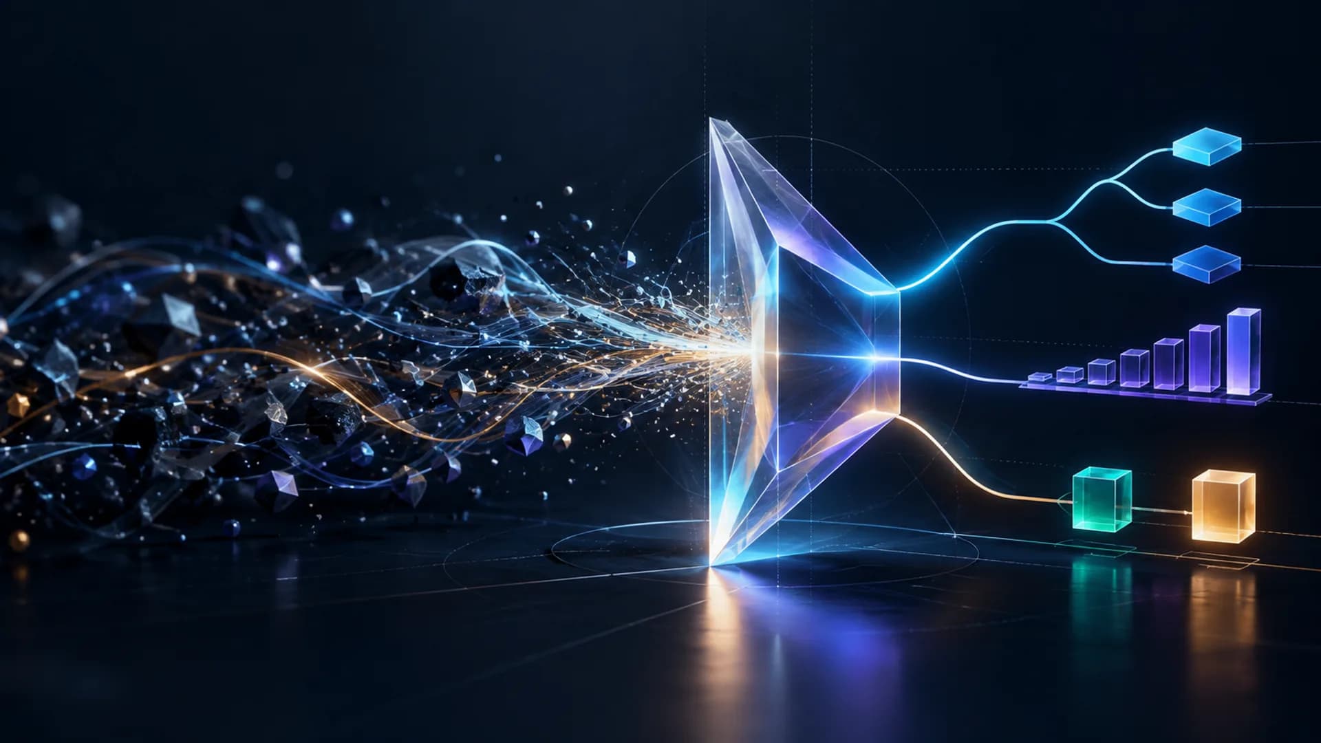 Unstructured signals pass through a transparent decision boundary and emerge as controlled branching, scoring and binary outputs.